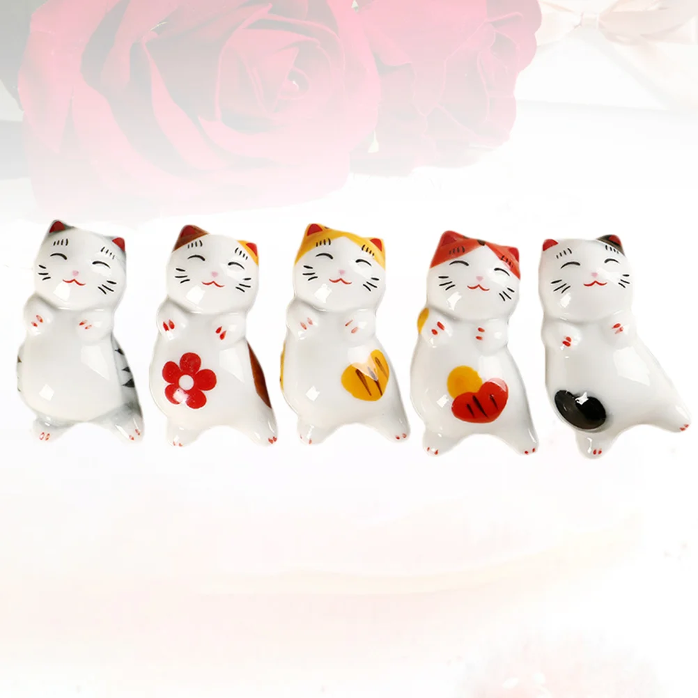 

5pcs Ceramic Cat Shape Chopsticks Rack Cartoon Chopsticks Stand Creative Spoon Fork Holder for Kitchen