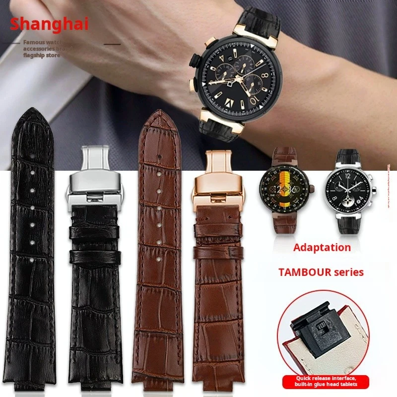 For Louis Vuitton Tambour Cowhide Watchband Lv Quick Release Genuine Leather Watch Strap 18-10mm 21-12mm Men women Metal buckle