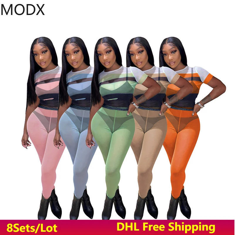 

Women's Mesh Suit Sheer Mesh Strapless Half Sleeve Coat Top + Trousers Sexy Two Piece Set Tracksuits Women Summer Clothing 7161