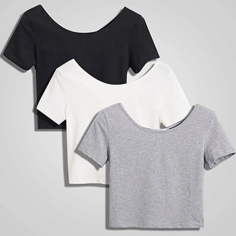 

Women Crop Top Solid Color Slim Spring, Summer Sexy Crew Neck Crop Top Streetwear