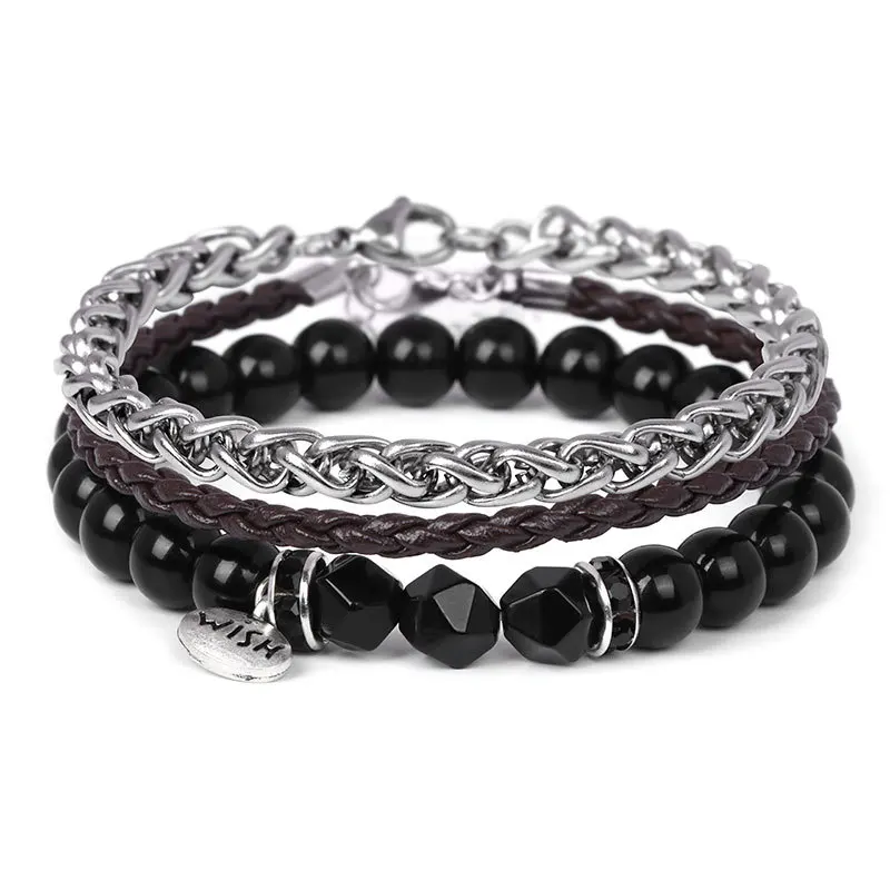 

1 Set 3PCS Multi-layer Leather Beaded Charm Bracelet Women Stainless Steel Link Chain Men's Couple Bracelets Homme Jewelry