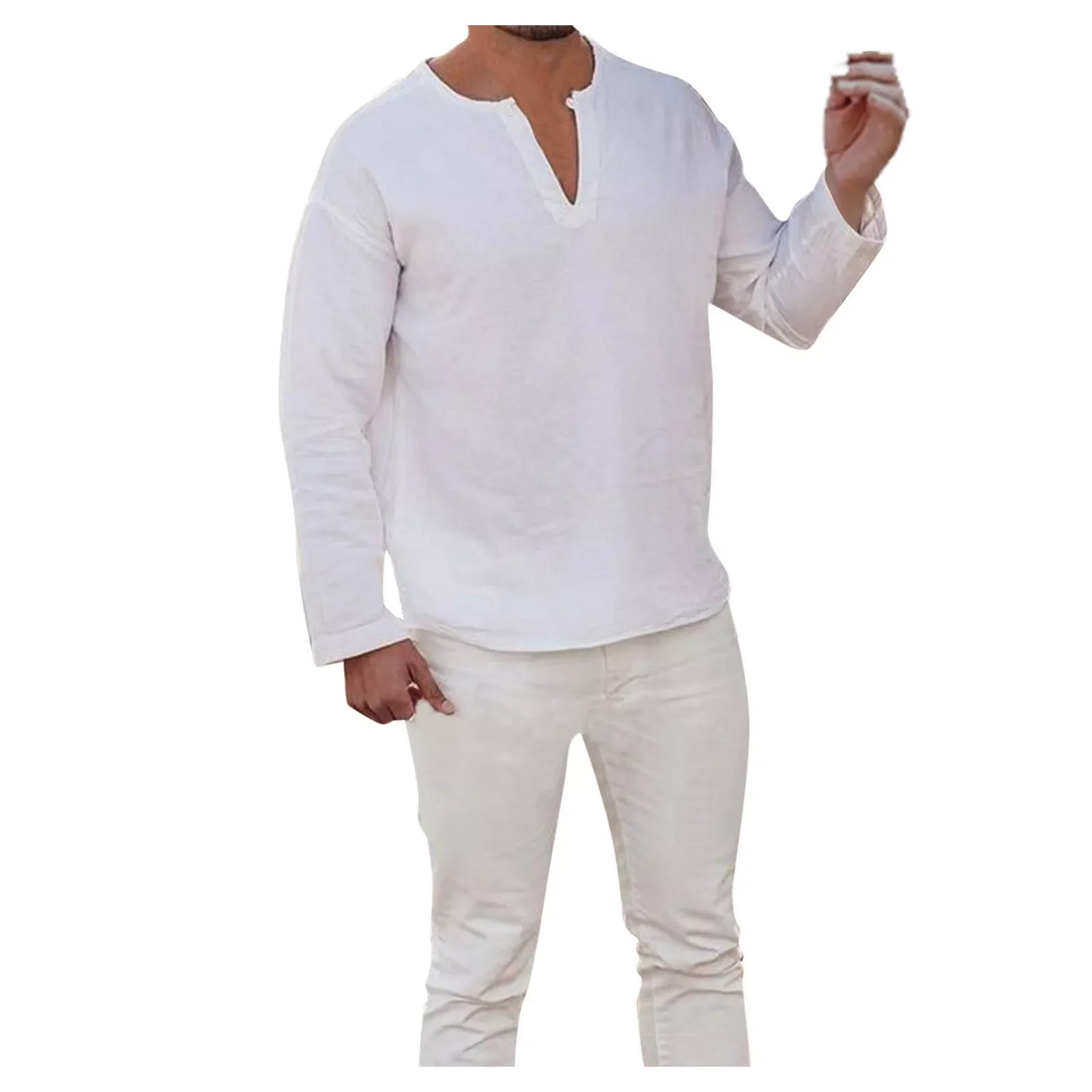 

Male White Long Sleeve Casual Loose Linen Shirt Tops S-2XL 2022 New Men's V Neck Cotton Linen Shirts