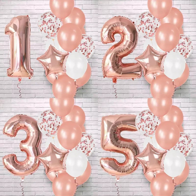 

NEW2022 12Pcs Rose Gold Number Foil Latex Balloons Kids Adult Birthday Party Decoration 1st Birthday Gril Boy Decor Baby Shower