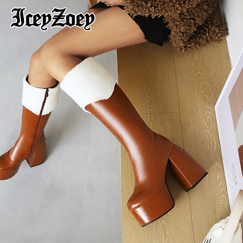 

Женские сапоги до колена на платформе IceyZoey, Разноцветные теплые зимние сапоги на толстом высоком каблуке, Размеры 35-43, 2022