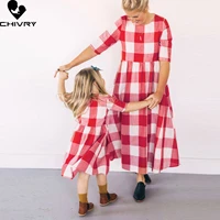 new mother daughter summer dresses short sleeve plaid casual beach dress mom mommy and me loose dress family matching outfits