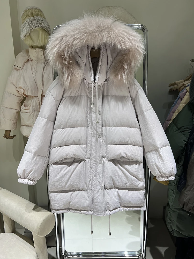 

Зимний пуховик для женщин, 90% белый пуховик на утином пуху, большой натуральный мех енота, лисы, с капюшоном, толстые теплые парки, женская ве...