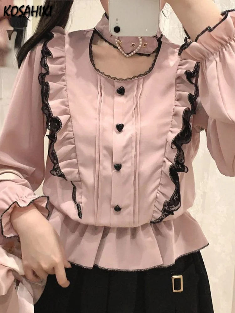

Японская Милая рубашка в стиле «лолита» с расклешенными рукавами Y2k, летняя эстетичная кружевная блузка с лямкой на шее, топы, женские Блузы с рюшами Jk