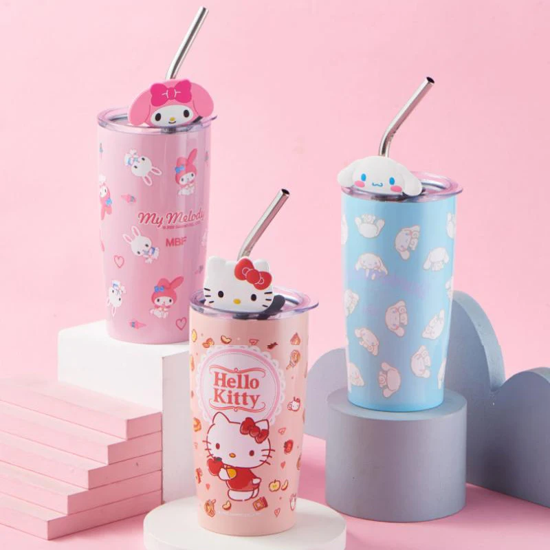 

600Ml Sanrios Hellokitty Straw Straight Drink Dual-Use Cup Kawaii Summer Portable Melody Cinnamoroll Cars Insulation Water Glass