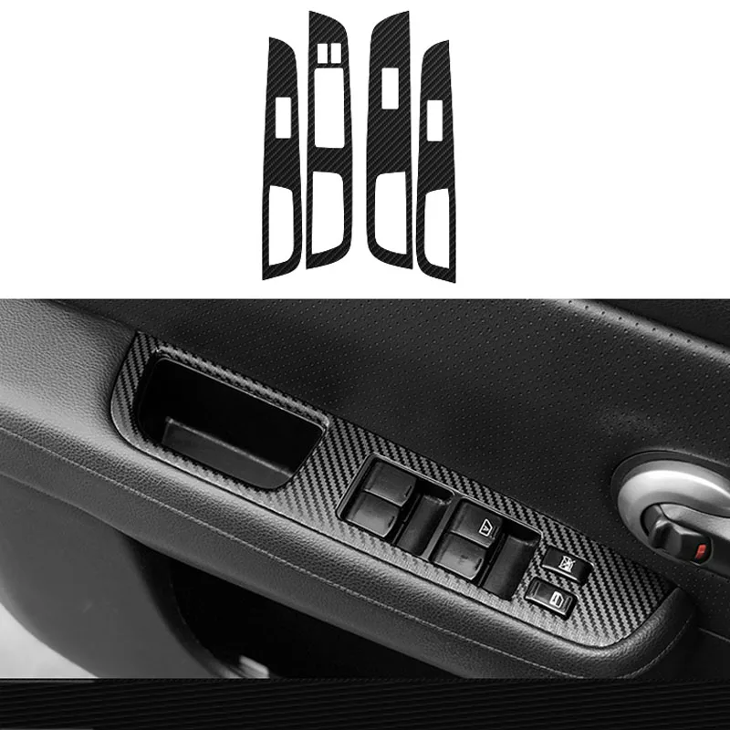 

Стайлинг автомобиля, черная карбоновая наклейка, кнопка подъема автомобильного окна, панель переключателя, наклейки для Nissan TIIDA 2005-2010