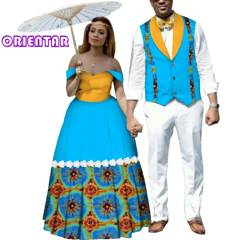 African Couple Clothes Women Men Party Dress Sleeveless Vests Waistcoats Bazin Riche African Print Off-Shoulder Ball Gown WYQ191