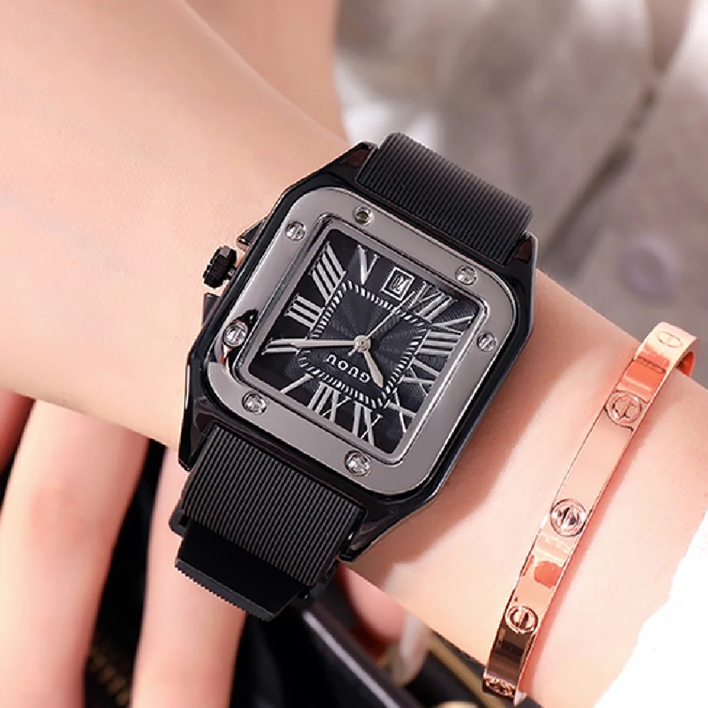 

Fashion Guou Brand Women Quartz Watch Roman Numeral Automatic Date Dial Luxury Premium Multicolor Silicone Strap Lady Gift Clock