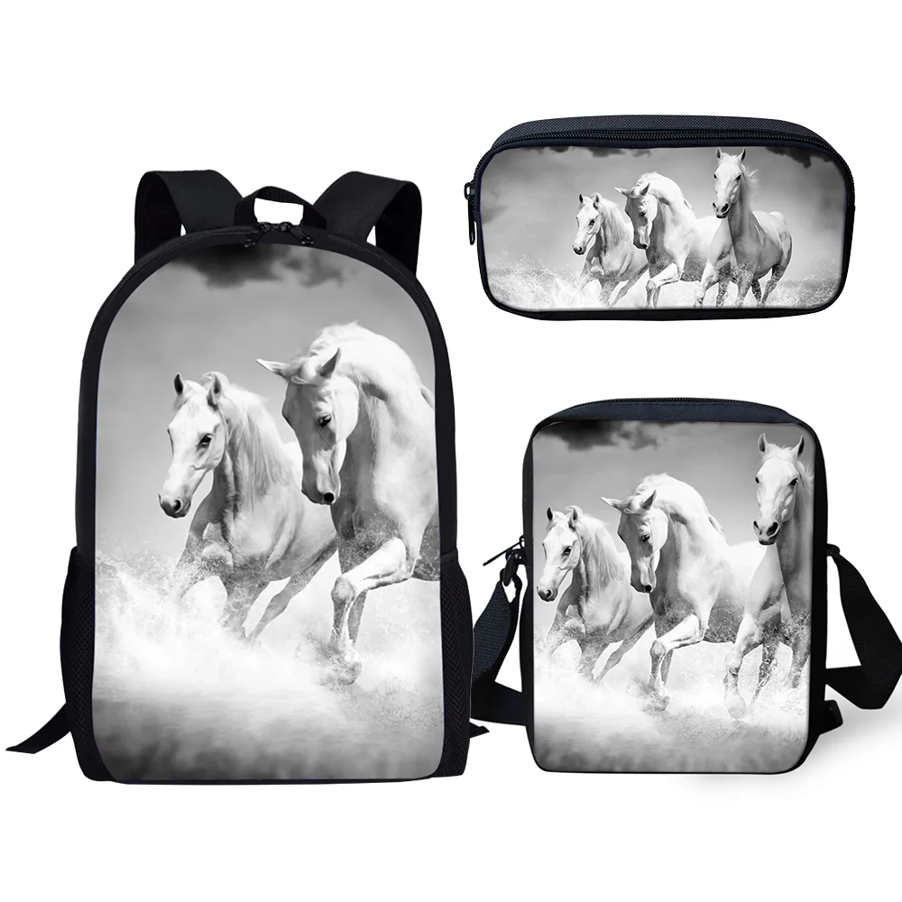 

Creative Fashion White Horse 3D Print 3pcs/Set pupil School Bags Laptop Daypack Backpack Inclined shoulder bag Pencil Case