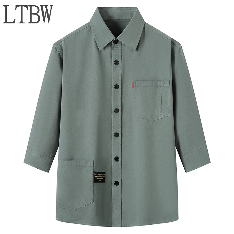 LTBW Men's 3/4 Sleeve Shirts Casual Cargo Shirts Classic Tops with Pockets