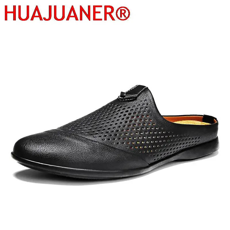

Shoes Men Leather Mens Mules Casual Shoes Man Loafers Half Slipper Fashion Sapato Masculino Mocassin Homme Chaussure Hollow Out