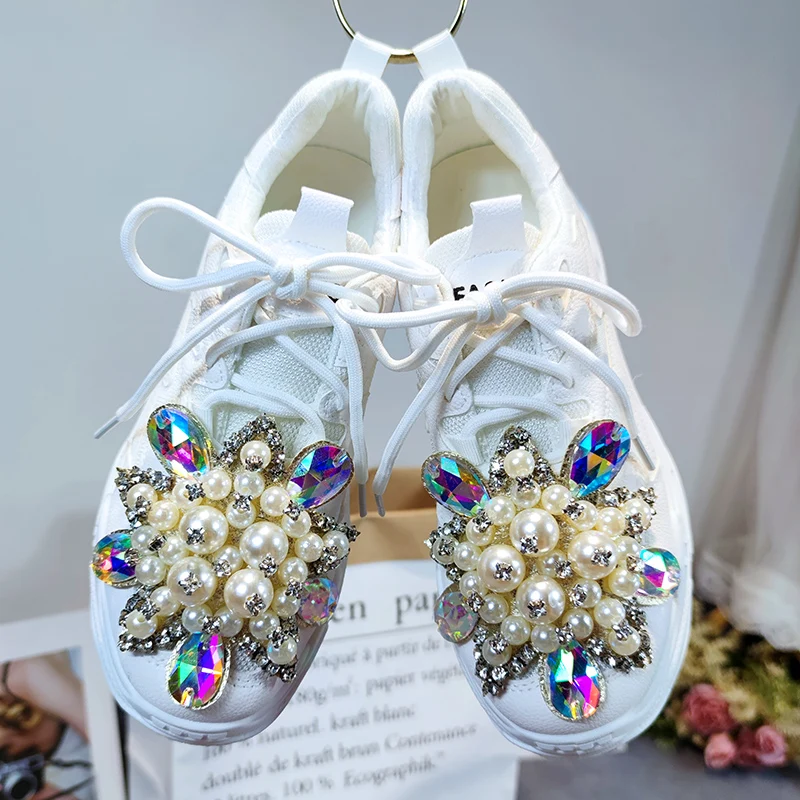 Womens Mesh Sport Shoe Beads Rhinestones Sneakers White Lace Up Platform Shoes Lady DIY White Lolita Sweet