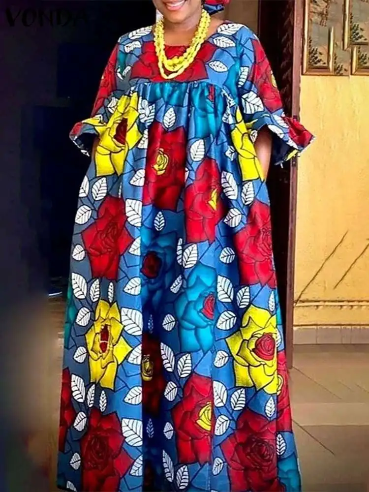 

VONDA Bohemian Autumn Dress 2022 Summer Pleated Sundress Women Loose Flare Sleeve Floral Printed Long Dress Party Vestidos Robe
