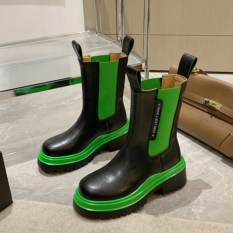 

Сапоги до бедра из натуральной кожи, с круглым носком, на платформе и толстом высоком каблуке