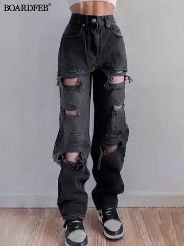 Women Ripped Hole Jeans Vintage Straight Baggy Streetwear Hip Hop High Waist Pants Ladies Y2K Wide Leg Casual Denim Trousers