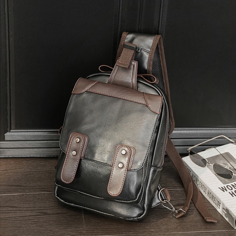 Chest Backpack Man Medium Size Single Shoulder Bag Waterproof Black Business Cross Body Bags Leather Slingback Men