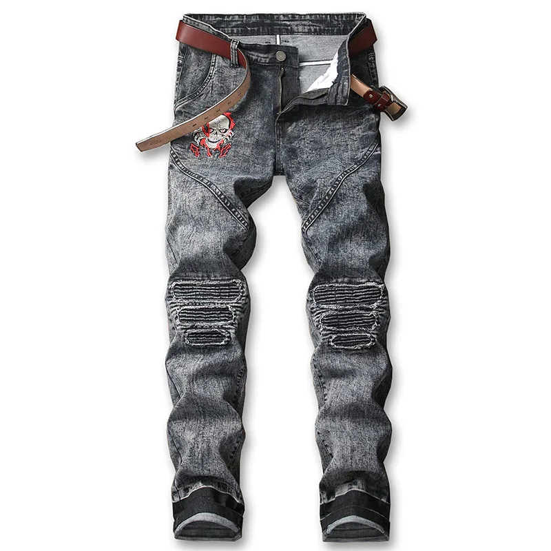 

High Street Loose Men Jeans Black Ripped Jeans Men Embroidery Denim Pants Paint Hole Hip Hop Elasticity Trousers