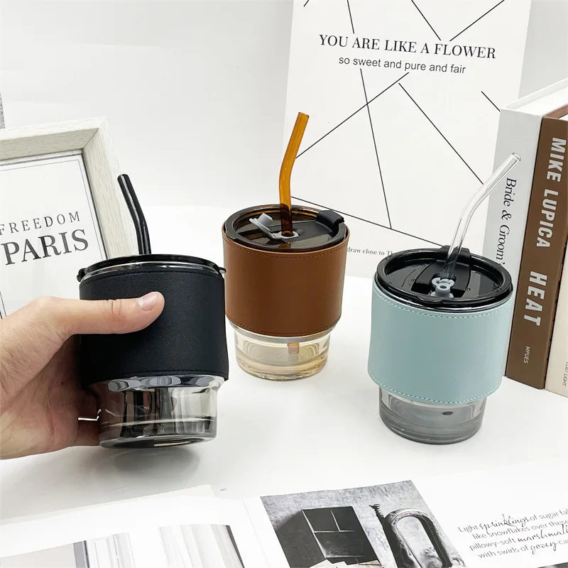 

New Multi-color Summer Best-selling Korean Version Ins Wind Mark Bamboo Cup Straw Glass PU Leather Heat Insulation Cup Cover