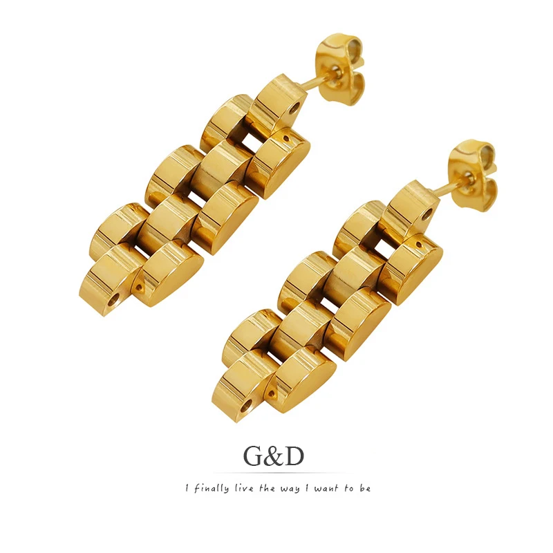 G&D Punk Gold Color Stainless Steel Watch Band Drop Earrings for Women Vintage Rock Long Chain Earrings for Gothic Girl Jewelry
