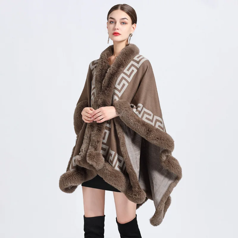 4 Colors Women Winter Thick Knitted Loose Printed Striped Poncho Big Pendulum Shawl Cloak Long Faux Fur Collar Long Capes Coat images - 6