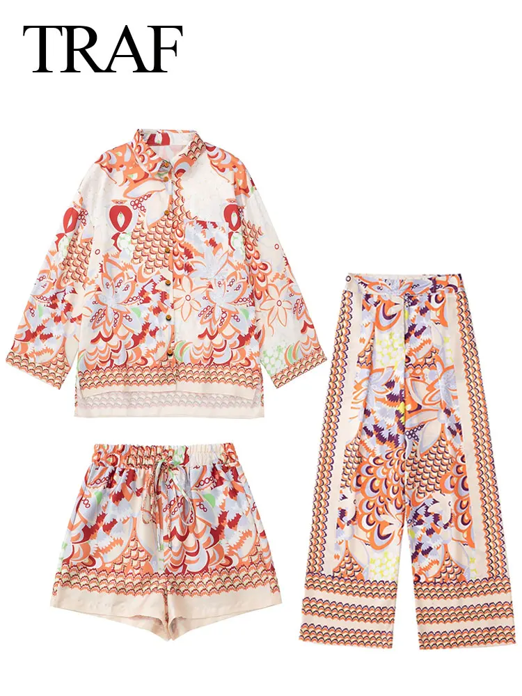 

TRAF New Trend Clothing Three Piece Vacation Style Printed Shirt Top Fashion Shorts Comfortable Trousers Women Clothes Set