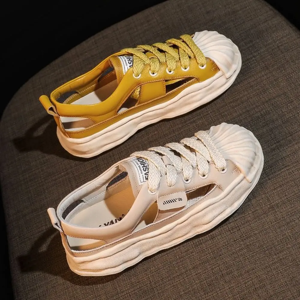 

Leather small white shoes female 2023 new summer shell baotou hollowed out sandals flat sports leisure holes shoes