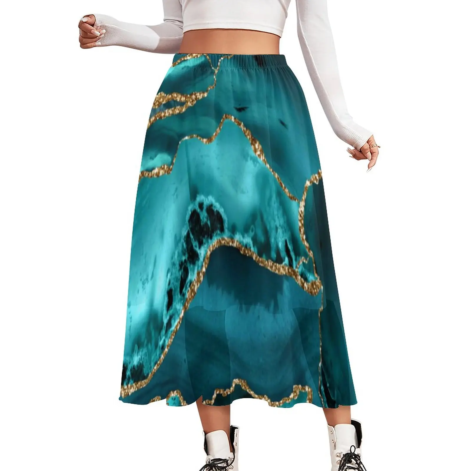 

Blue Gold Glitter Marble Skirt Modern Abstract Pattern Vintage Long Skirts Elastic Waist Aesthetic Casual Skirt Big Size 3XL