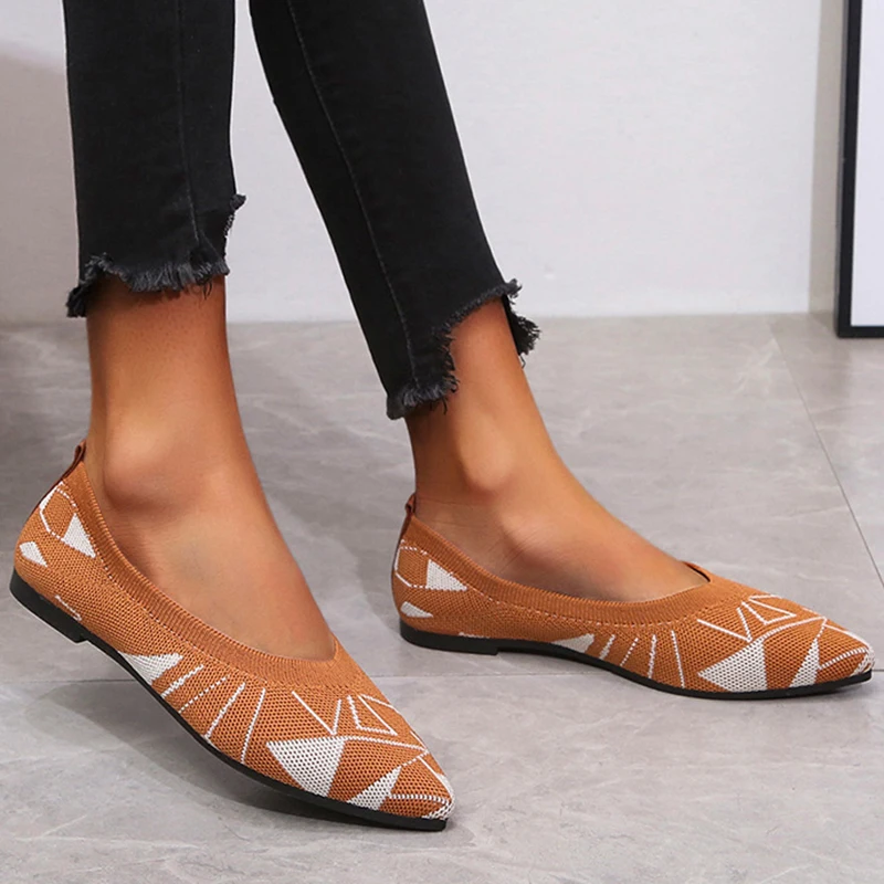 

Туфли-лодочки женские с геометрическим рисунком, вязаные Мокасины, без застежки, заостренный носок, плоская подошва, модная повседневная об...