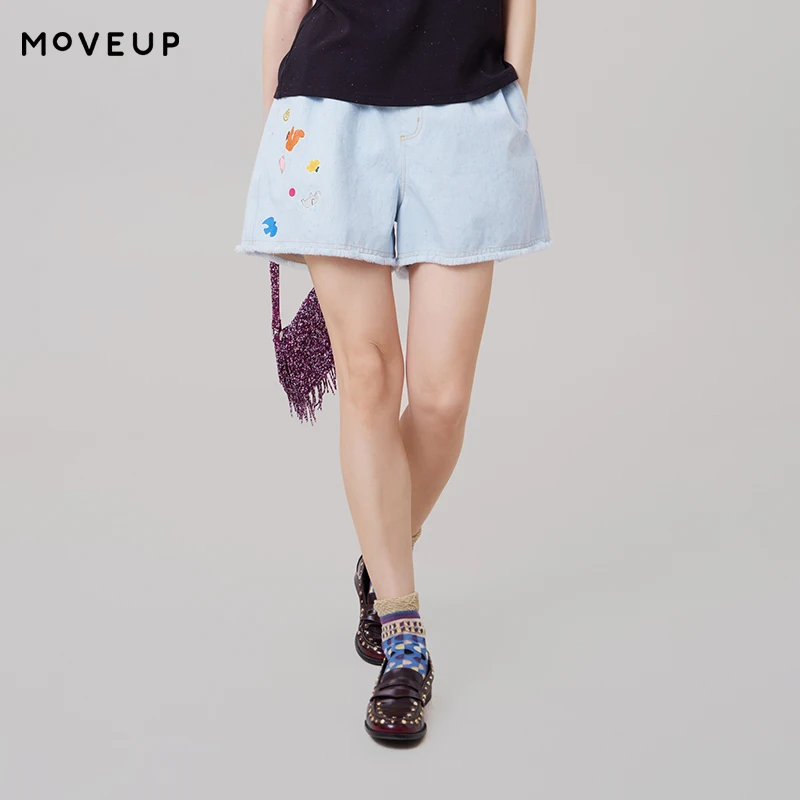 Фото MOVEUP Повседневные джинсовые шорты с широкими штанинами, летняя новинка 2026, из чистого хлопка, с забавным животным принтом, с необработанным краем, офисные короткие брюки для женщин 3ELX40102 №1