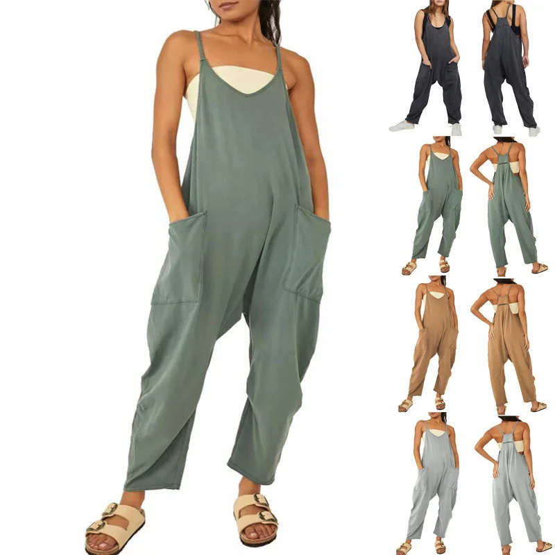 Casual Jumpsuit Women Spaghetti Strap Sleeveless Loose Wide Leg Rompers with Large Pocket Pants Summer Solid Bib Overalls Outfit