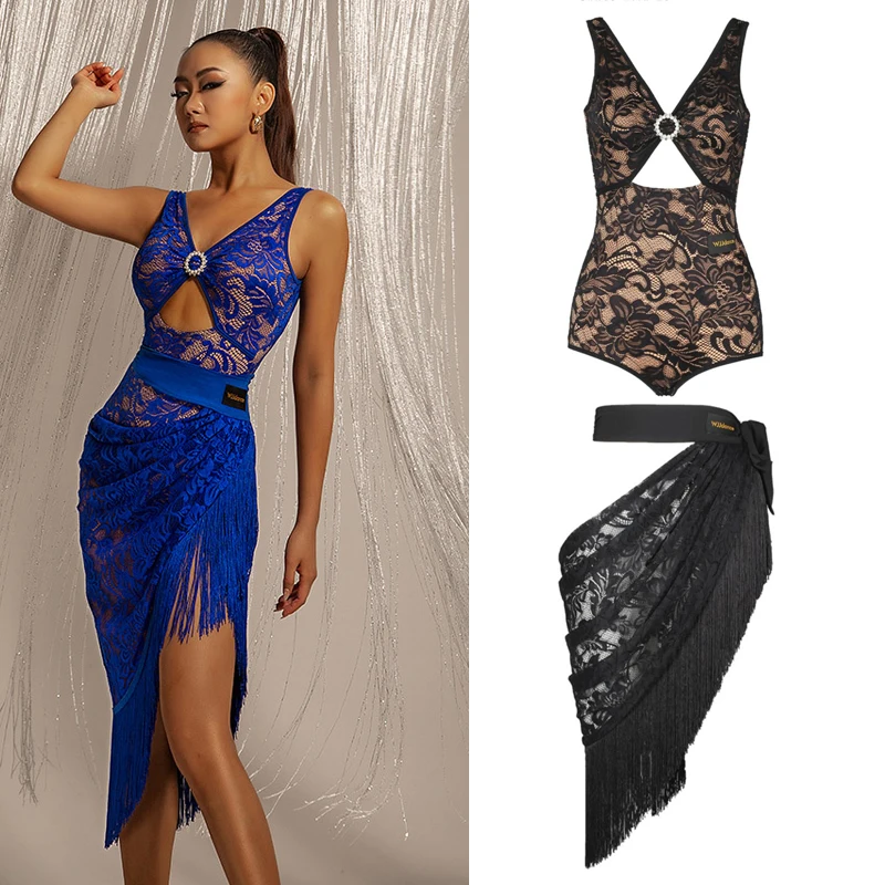 

Sexy Latin Dance Costume Lace Diamond Ring Cutout Top Lace Apron Fringes Skirts Female Ballroom Competition Dance Clothes SL6496