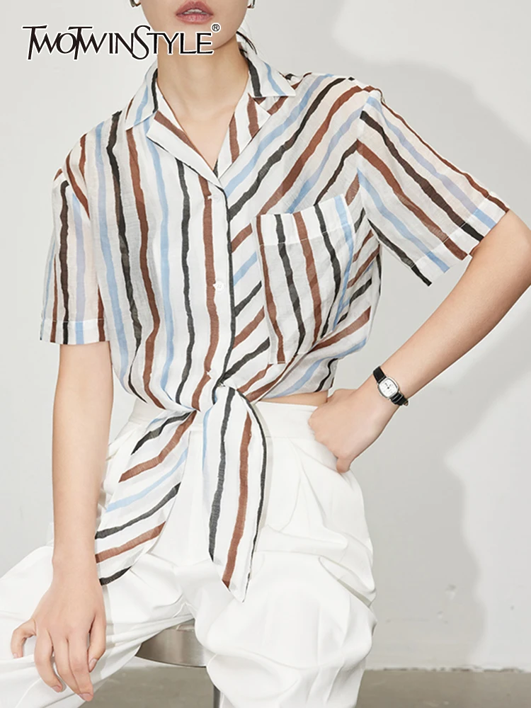 

TWOTWINSTYLE Summer Spliced Pocket Shirts For Women Lapel Short Sleeve Patchwork Single Breasted Striped Blouse Female Fashion