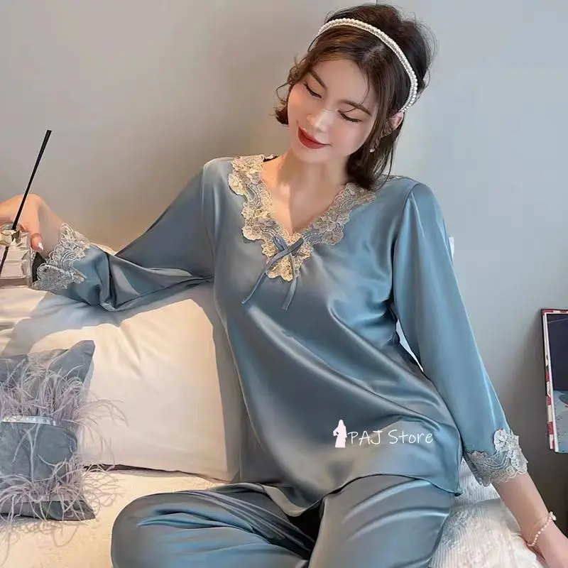 Women Satin Sleepwear Pajama Set Spring Long-sleeved for Women Korean Lace Loose 4XL Home Clothes Summer Female Home Suit