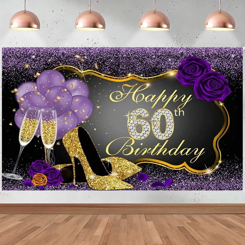 

Happy 60th Birthday Photography Backdrops Shining Background Party Decorations Floral Balloons Birthday Banner Supplies Phot