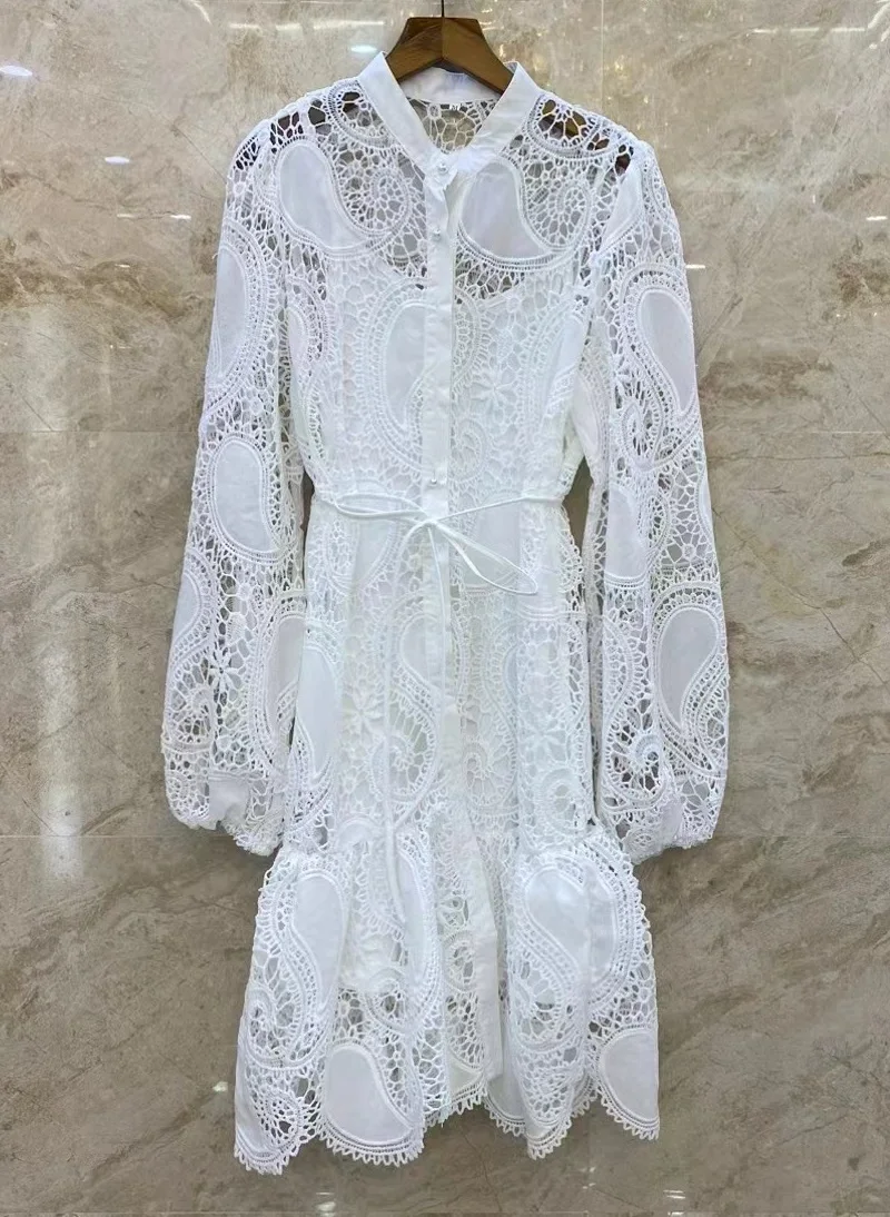 

Женское кружевное платье, повседневное белое платье с длинным рукавом и вышивкой крючком, лето 2023