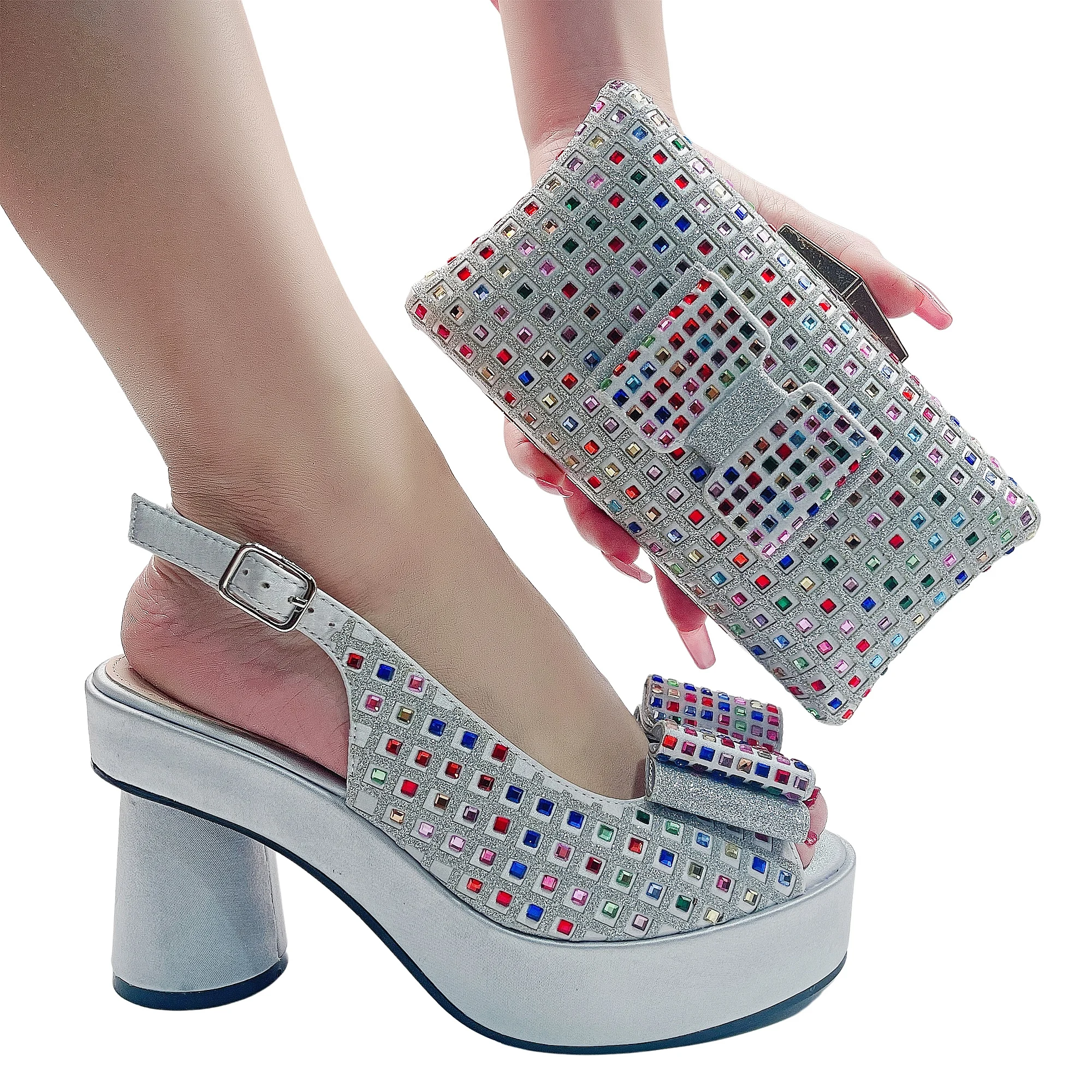 Wedding Shoe and Purse for Bride Matching Shoes and Bags High Quality Glitter Nigerian Party Shoe Platform Sandals Clutch Purse