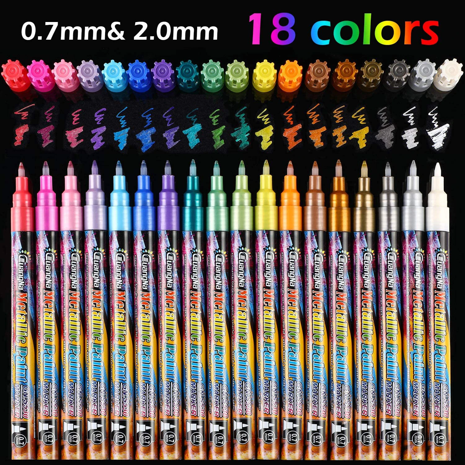 

18 Colors Metallic Marker Pens, 0.7mm Extra Fine Point/2.0mm Nib Metallic Painting Pens, Metallic Permanent Marker for Writing