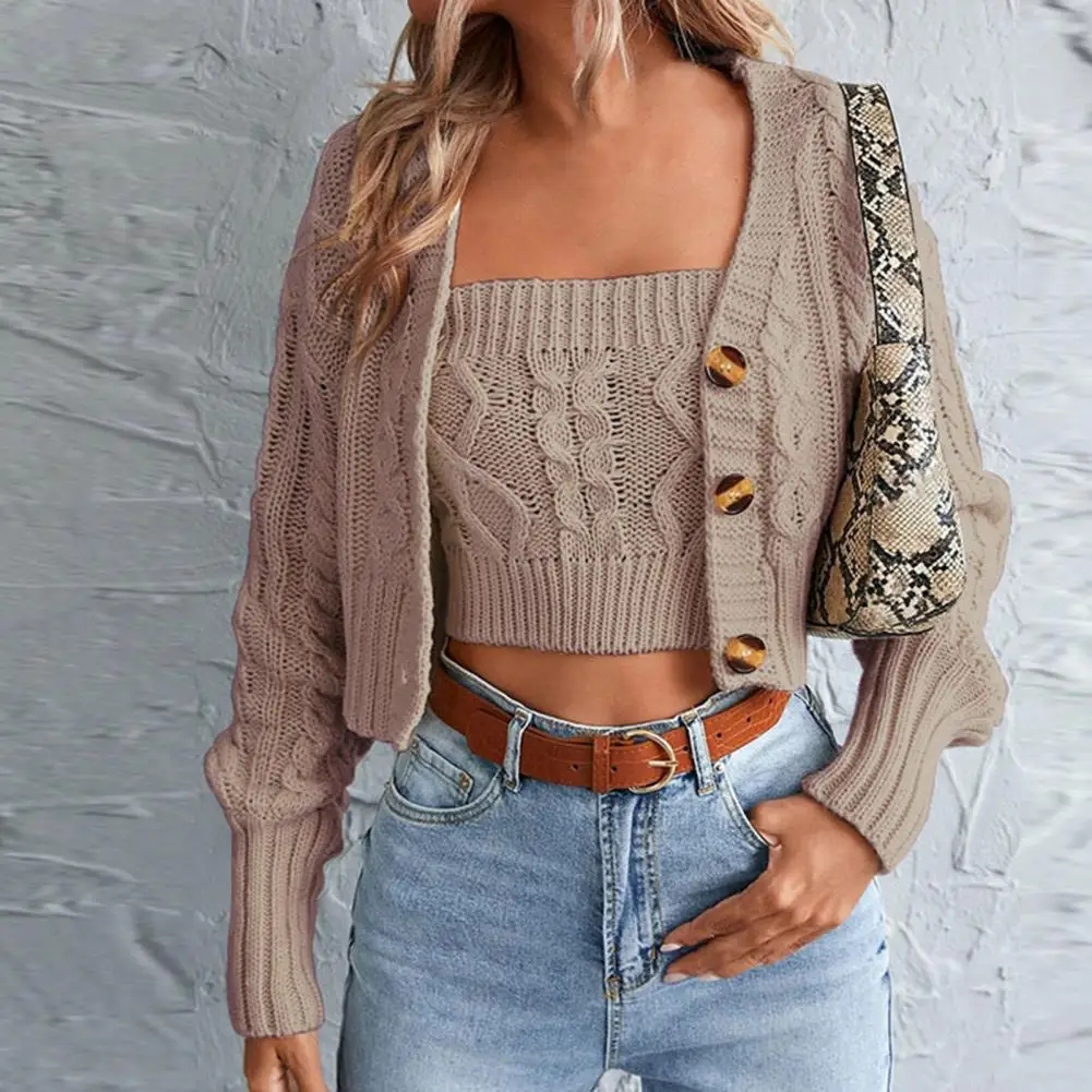 

2Pcs/Set Fashion Single-Breasted Pure Colors Knitted Cardigan Tube Top Set Sweater Vest Coat Thick Stretchy
