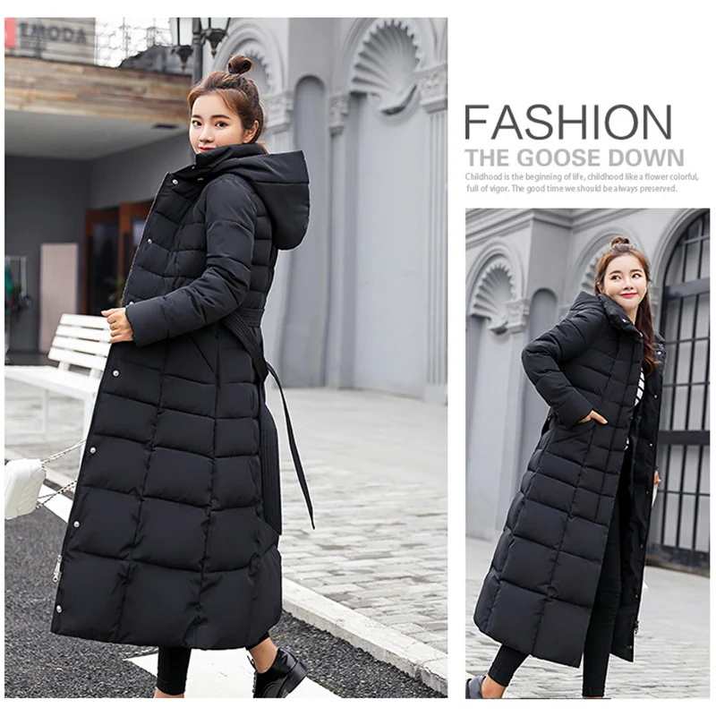 Women's Winter Fashion Long Down Jacket Big Fur Collar Hooded Knee-Length Jacket Slim Fit Warm Thick Parker Fur Cotton Coat