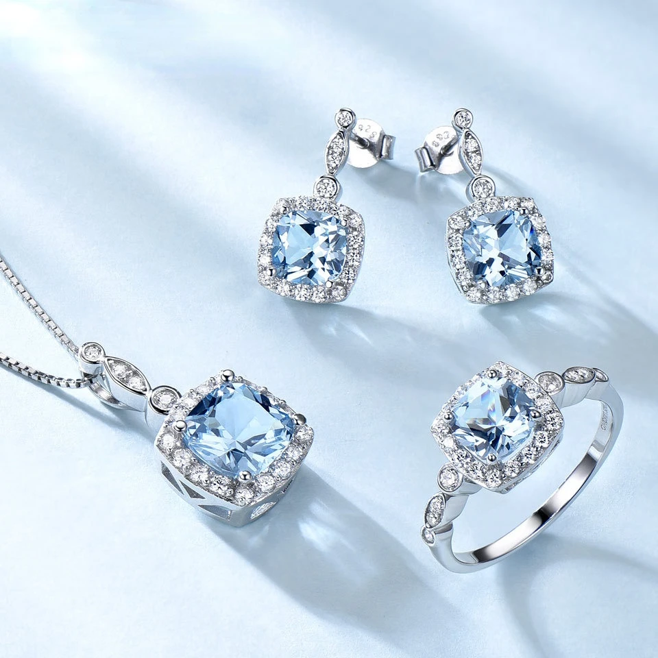 

925 Sterling Silver Necklace And Earrings Jewelry Sets For Women Fashion Accessories Blue Zircon Charm Bracelet And Ring Sets