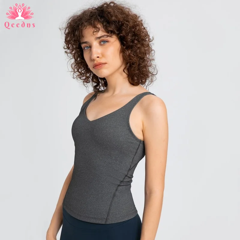

Qeedns New Sexy V Neck Sport Fitness Vest Women Padded Push Up Training Workout Yoga Tanks Tops Hip Length Sleeveless Shirts