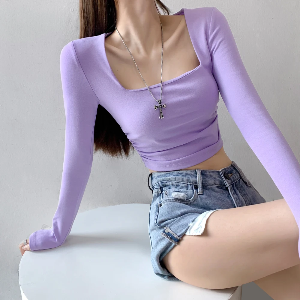 

Spice Girl Double Layer Pleated Square Neck Long Sleeve T-Shirt Women's Autumn Slim Show Thin Collar Short Show Umbilical Top