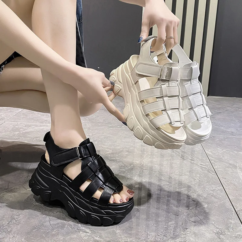 

Wedge High Heels New Summer Plataforma Punk Soft High Quality Leather Sandals Women Shoes Black Platform Casual Wedge Sandals