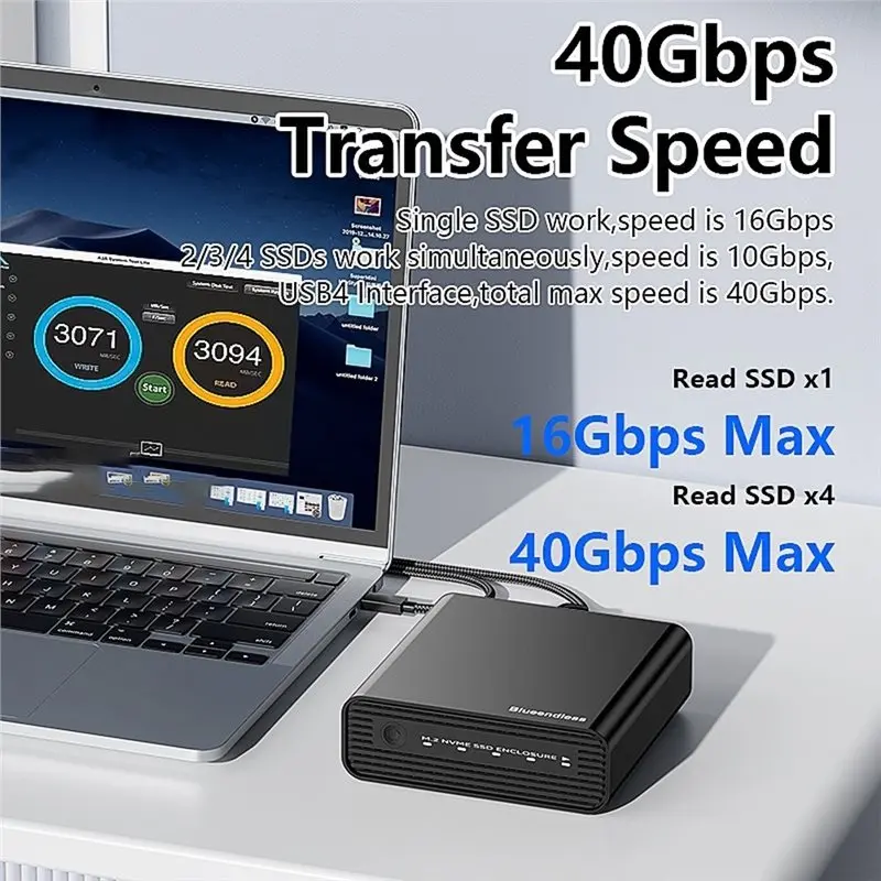 Фото Внешний корпус для SSD-накопителей A24U BLUEENDLESS USB4 40Gbps M.2 NVMe, 4 слота, 32 ТБ, алюминиевая док-станция для Mac и Windows №3