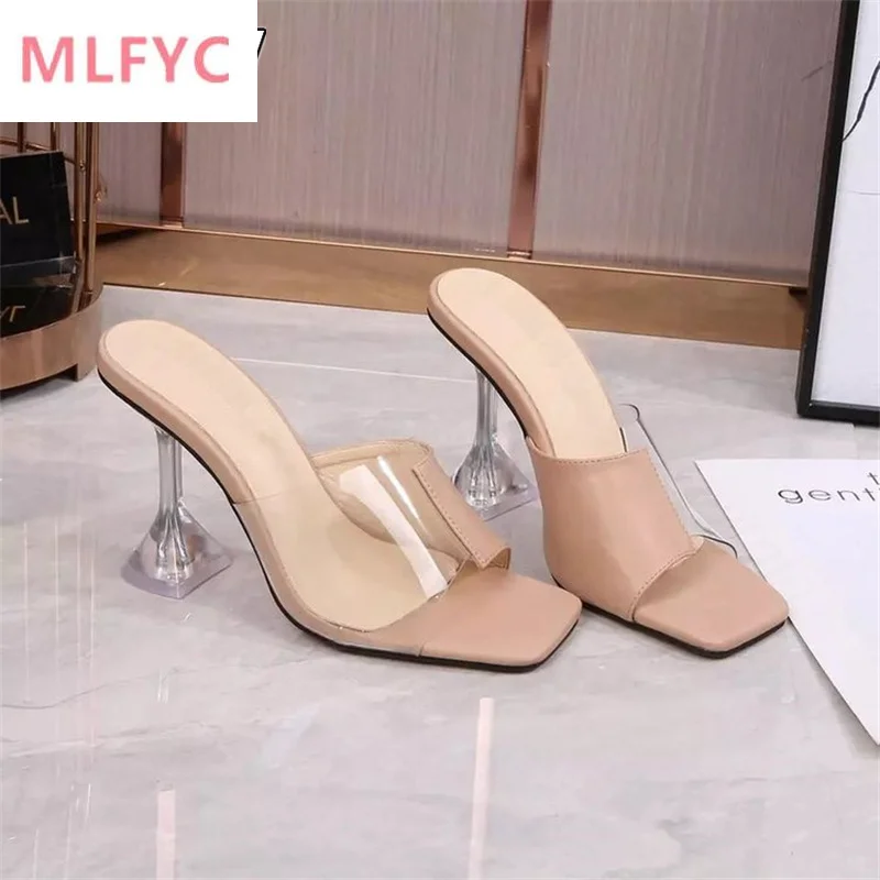 

2022 summer new transparent wine glass with sexy square head color matching high-heeled sandals and slippers for women pumps