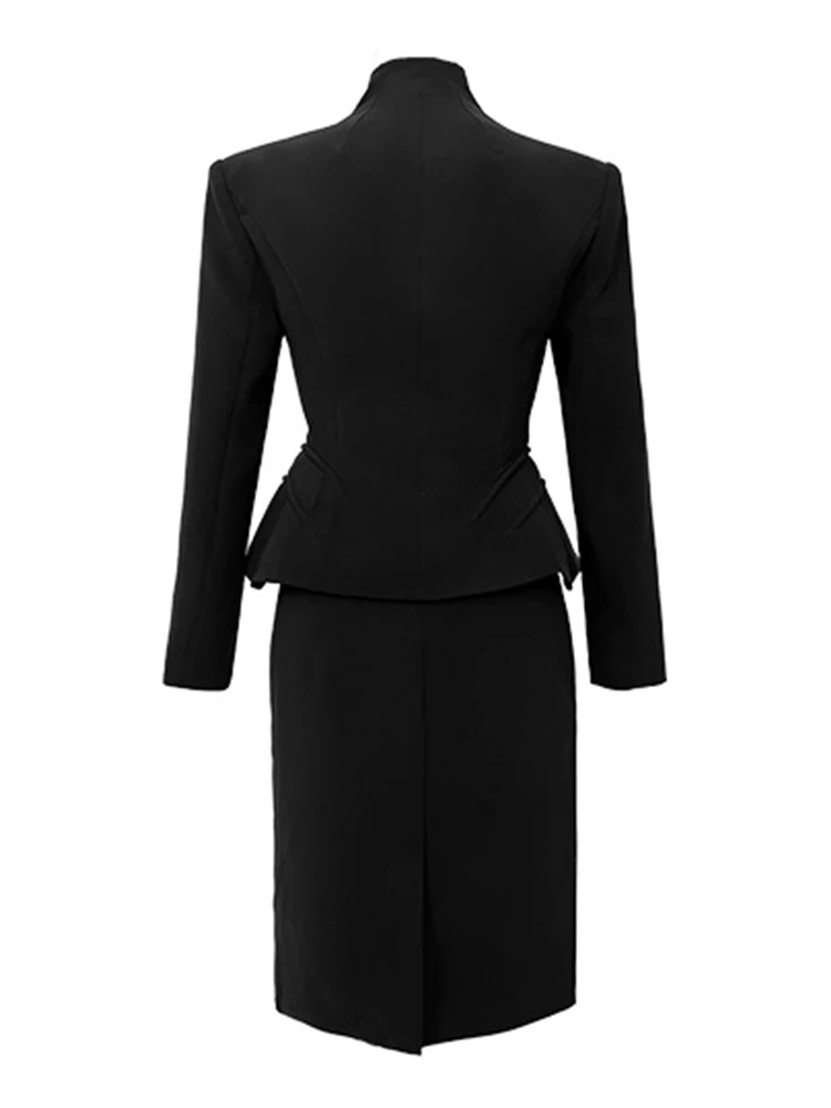 New High Quality 2 Pieces Outfit Suits Women Black Temperament Formal Chic Tops Coat Blazer Suit Waist Midi Skirt Slim Sets