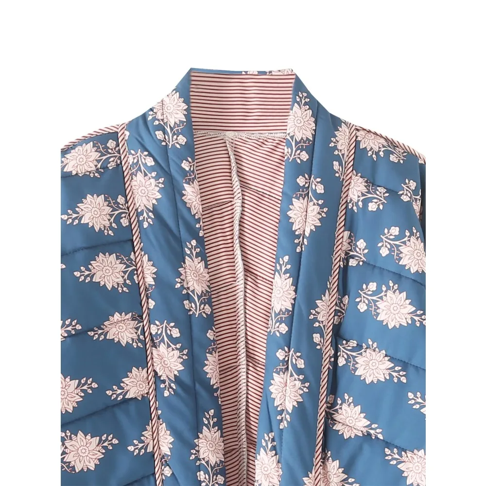 Стеганый женский кардиган с цветочным принтом длинным рукавом